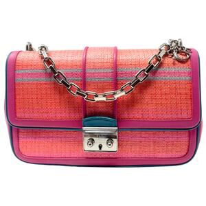 Christian Dior Bag Shoulder Purse Raffia Wicker Leather Pink Blue Silver Chain